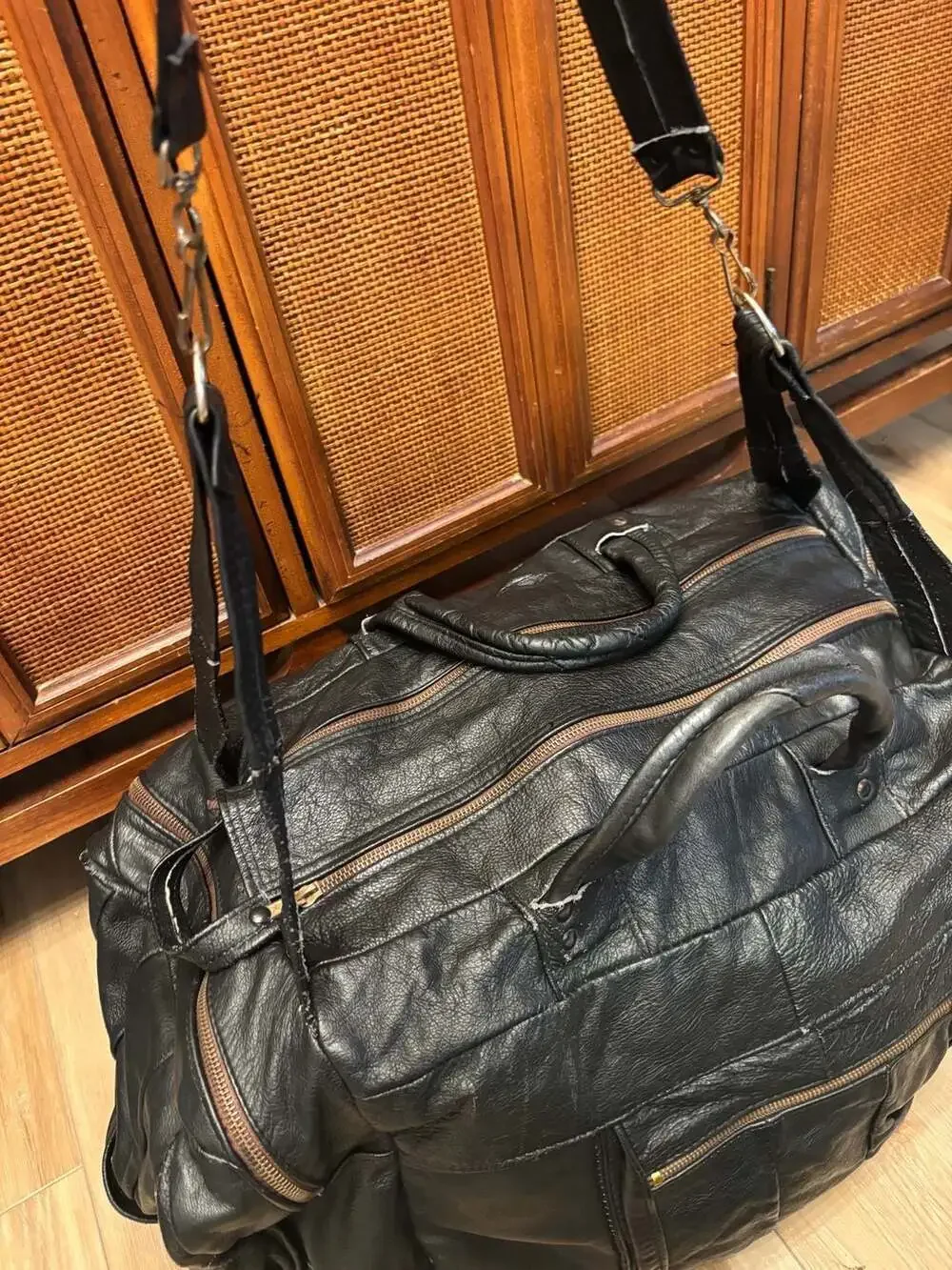 70s Vintage Large Black Genuine Cowhide Leather Travel Duffle Weekender Bag